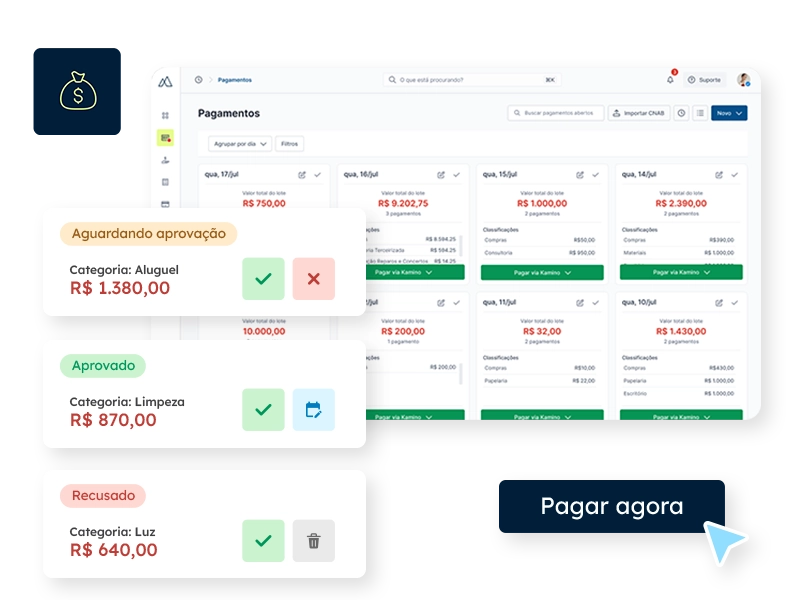 Tela de contas a pagar da Kamino com aprovação em lote