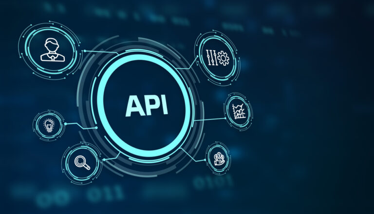Ilustração conceitual de API com ícones tecnológicos conectados, representando integração entre sistemas financeiros e automação bancária corporativa.
