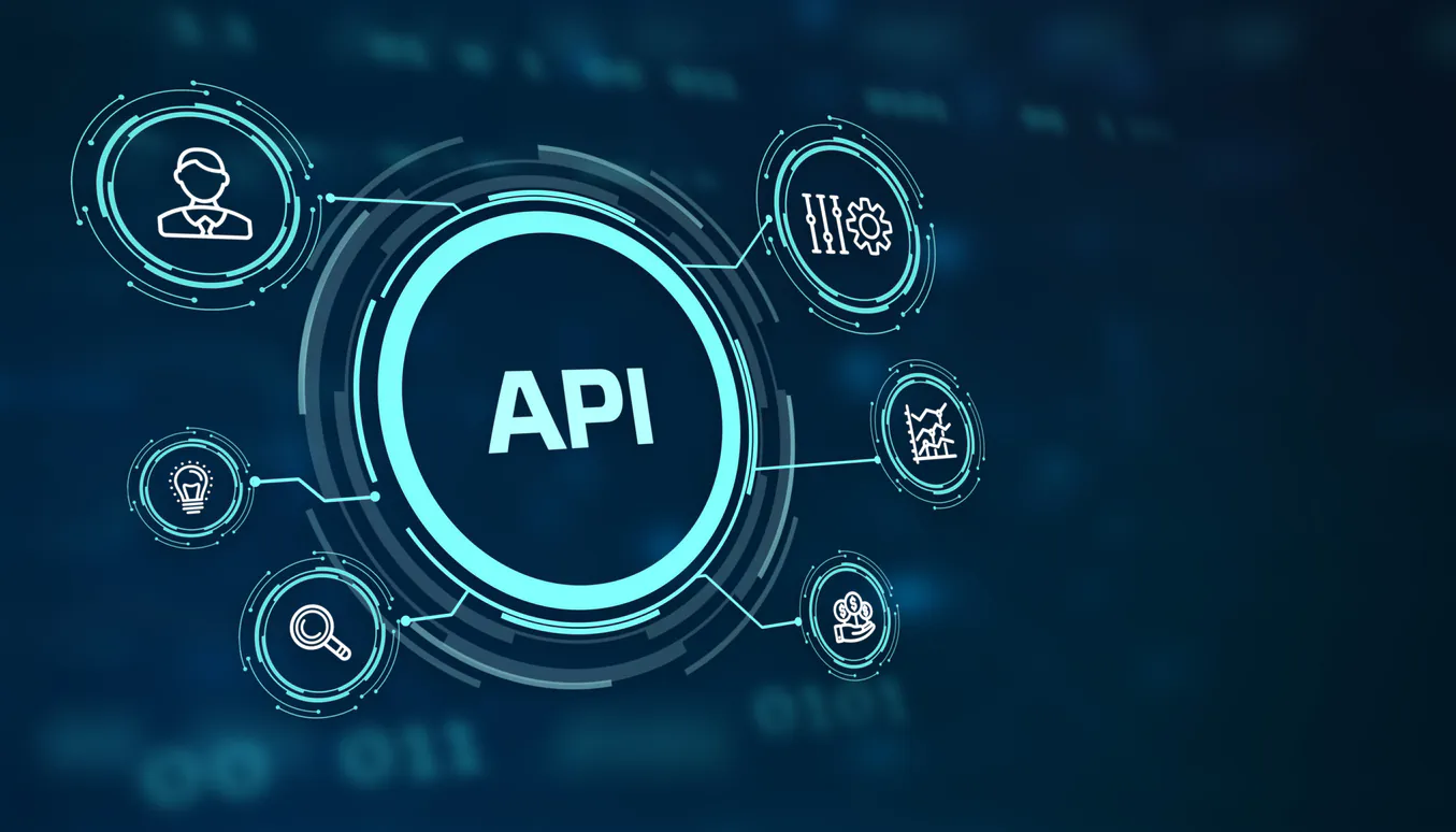 Ilustração conceitual de API com ícones tecnológicos conectados, representando integração entre sistemas financeiros e automação bancária corporativa.