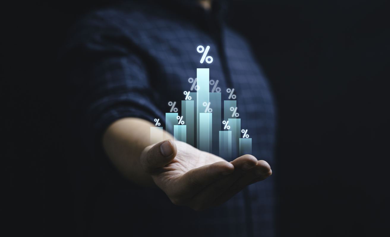Gráfico com percentuais de contribuição projetado sobre mão humana